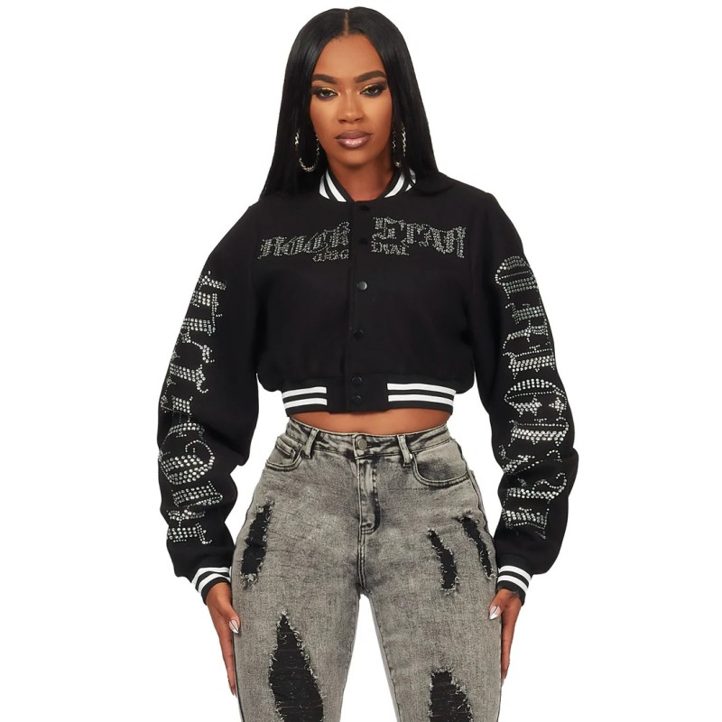 femme gianni tan crop strass veste varsity