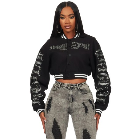 femme gianni tan crop strass veste varsity
