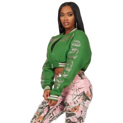 femme gianni tan crop strass veste varsity