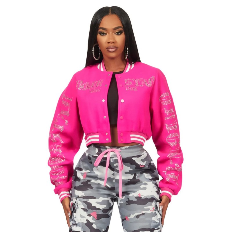 femme gianni tan crop strass veste varsity