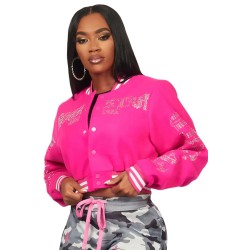 femme gianni tan crop strass veste varsity