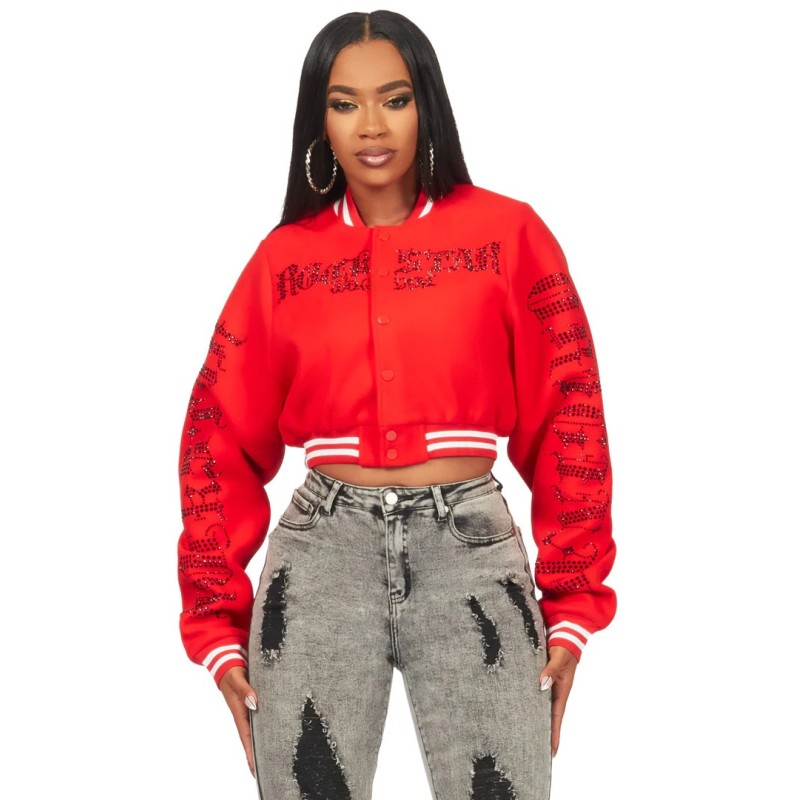 femme gianni tan crop strass veste varsity