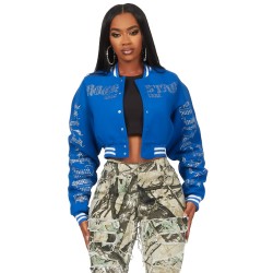 femme gianni tan crop strass veste varsity