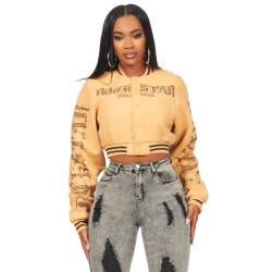 femme gianni tan crop strass veste varsity