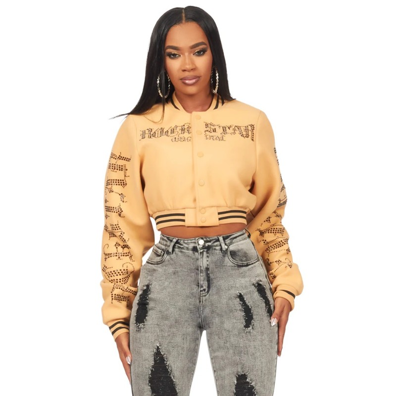 femme gianni tan crop strass veste varsity