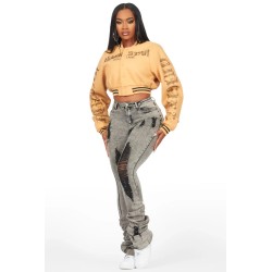 femme gianni tan crop strass veste varsity