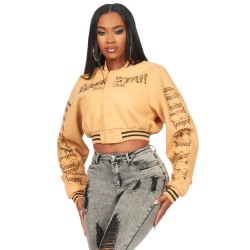 femme gianni tan crop strass veste varsity